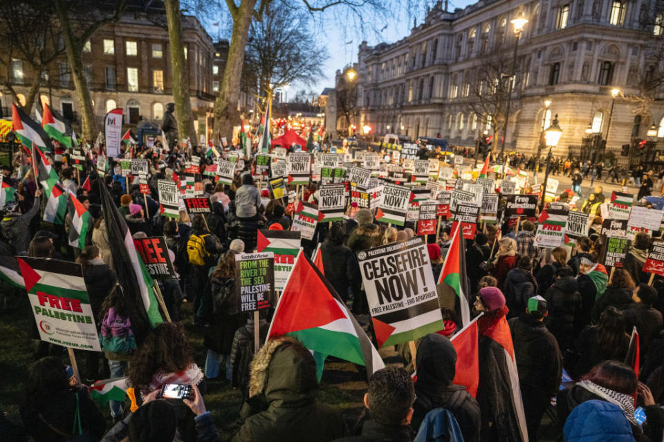 Thousands of people attend a rally at Downing Street on February 12, 2024 in London, England. Stop The War Coalition and other pro-Palestinian groups are protesting Israel's attacks on Rafah.<span class="copyright">Guy Smallman/Getty Images</span>