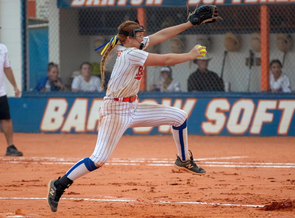 Bartow senior Red Oxley pitches against Melbourne in the first inning on Friday night in the Class 6A, Region 3 final.