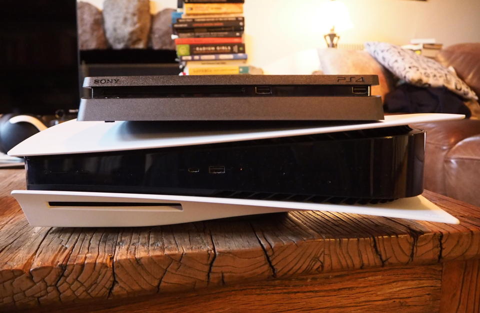 A PS5 console with a PS4 on top