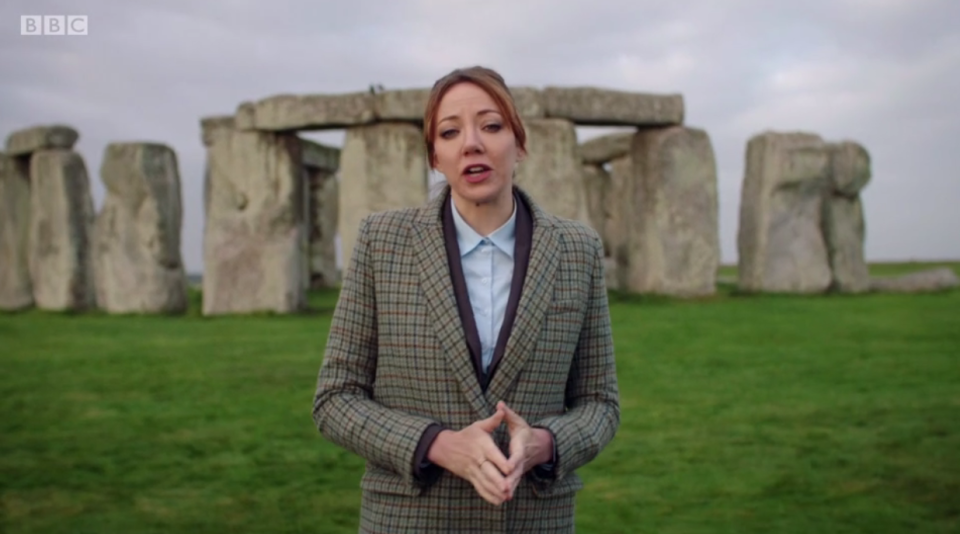 Diane Morgan as Philomena Cunk at Stonehenge. (BBC)