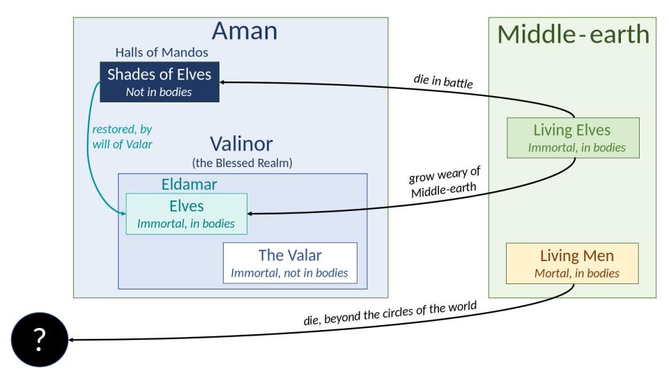 Living elves are immortal, and when they are killed in battle they go to the Halls of Mandos before reincarnating in Valinor.