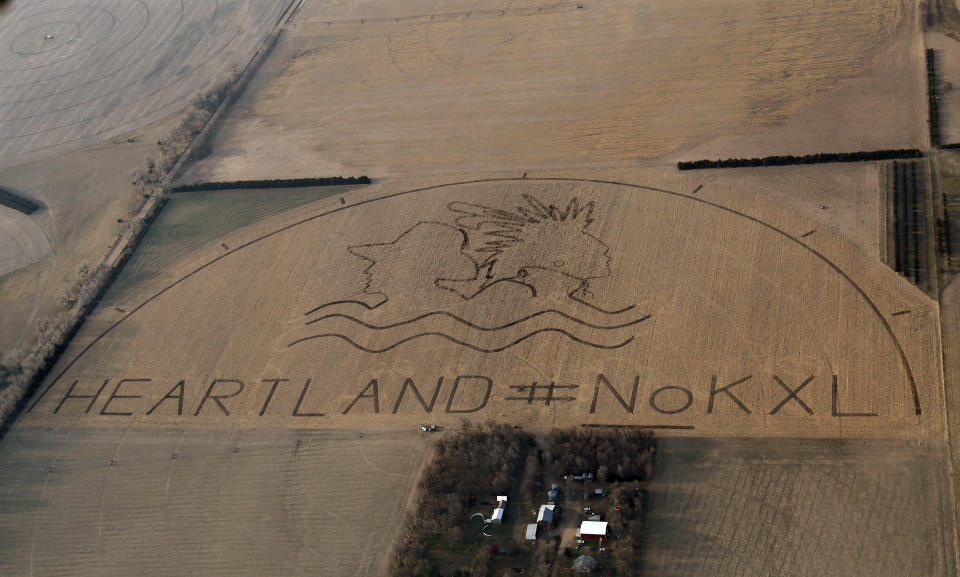 In this photo provided by Lou Dematteis, a huge crop art image protesting the proposed Keystone XL pipeline covers an 80 acre corn field outside of Neligh, Neb., on April 12, 2014. The image was created by the farmers, ranchers and Native American tribes of the Cowboy and Indian Alliance in collaboration with artist John Quigley. (AP Photo/Courtesy of Lou Dematteis)