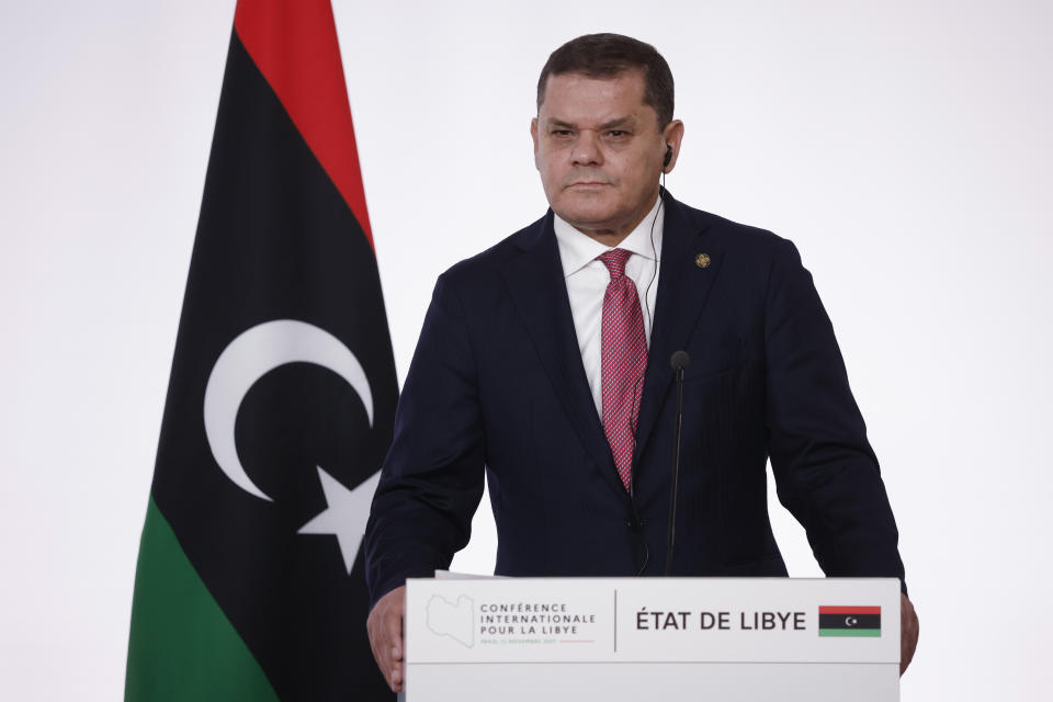 Libyan Prime Minister Abdul Hamid Dbeibah during a press conference folowing a conference on Libya in Paris Friday, Nov. 12, 2021. France is hosting an international conference on Libya on Friday as the North African country is heading into long-awaited elections next month. (Yoan Valat/Pool Photo via AP)