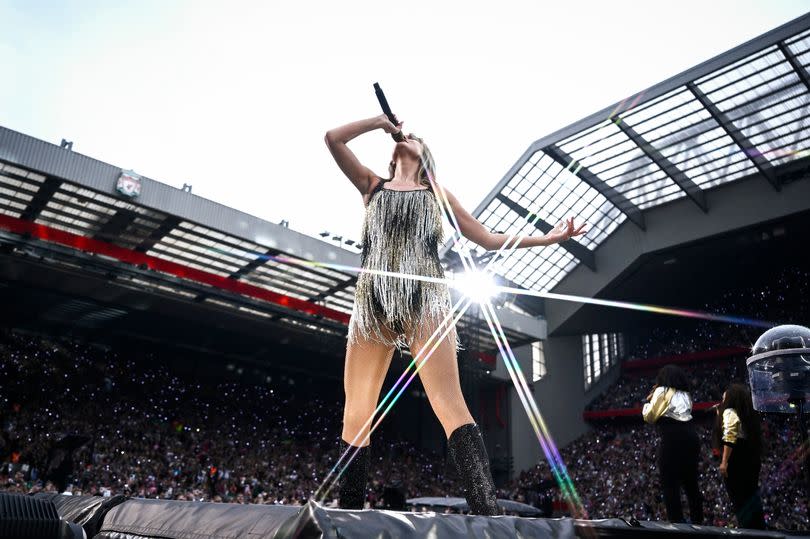 Taylor Swift performs on stage during the opening night of her series of Eras Tour concerts at Anfield on June 13 2024