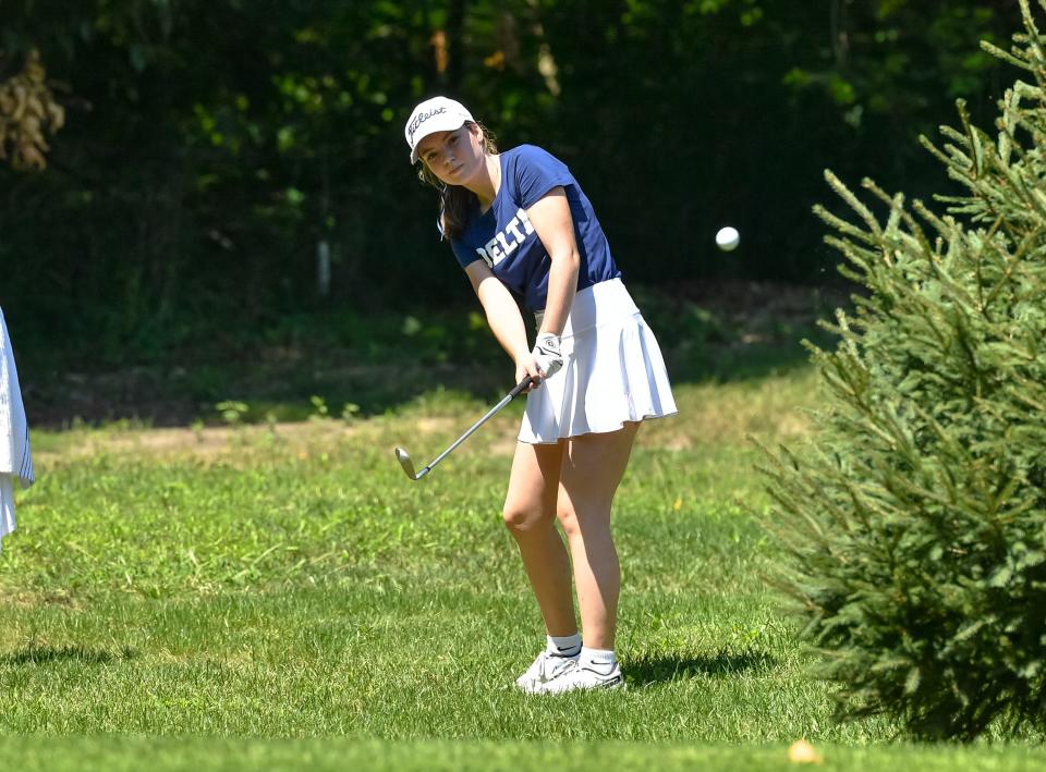 Delta's Avery Stinson tied for third with a score of 83 in the Delaware County girls golf tournament at the Muncie Elks Golf Club on Saturday, August 12, 2023.