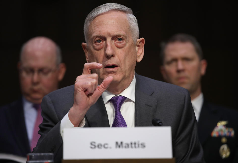 Secretary of Defense James Mattis testifiying before the Senate Armed Services Committee in April. (Photo: Win McNamee/Getty Images)