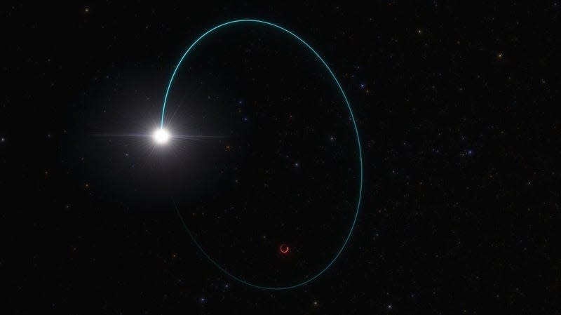 Depiction of the binary system, in which a star orbits the unusually large stellar black hole. - Image: ESO