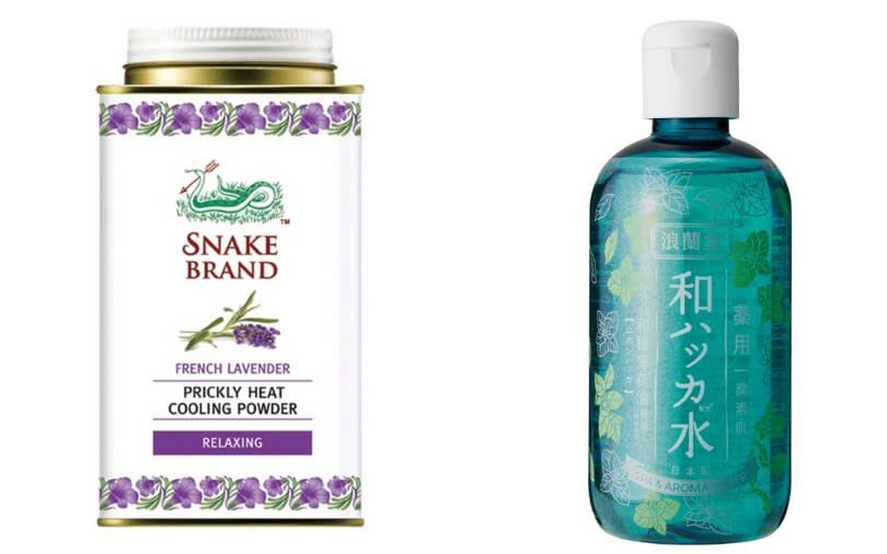 COOLING SKINCARE>>SNAKE BRAND薰衣草香爽身粉 140g／79元、潤素肌清涼薄荷水 250ml／特價195元（圖／品牌提供）