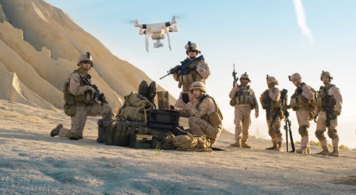 a group of soldiers in the desert with a drone flying over their heads