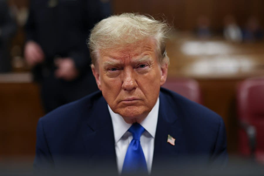 Former President Donald Trump awaits the start of proceedings during jury selection at Manhattan criminal court, Thursday, April 18, 2024 in New York. (Brendan McDermid/Pool Photo via AP)