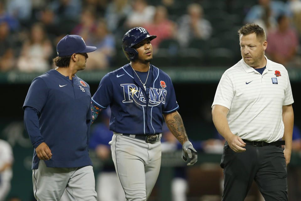 ARLINGTON, TEXAS - MAY 30: Wander Franco #5 of the Tampa Bay Rays leaves the game in the ninth inning against the Texas Rangers at Globe Life Field on May 30, 2022 in Arlington, Texas. (Photo by Tim Heitman/Getty Images)