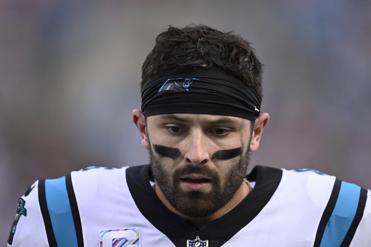 CHARLOTTE, NORTH CAROLINA - OCTOBER 09: Baker Mayfield #6 of the Carolina Panthers walks off the field at halftime against the San Francisco 49ers at Bank of America Stadium on October 09, 2022 in Charlotte, North Carolina. (Photo by Eakin Howard/Getty Images)