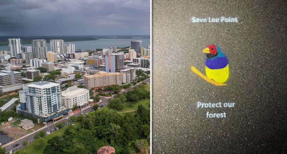 Left - an aerial shot of Darwin. Right - a stencil of a Gouldian finch which reads Save Lee Point, Protect our Forest