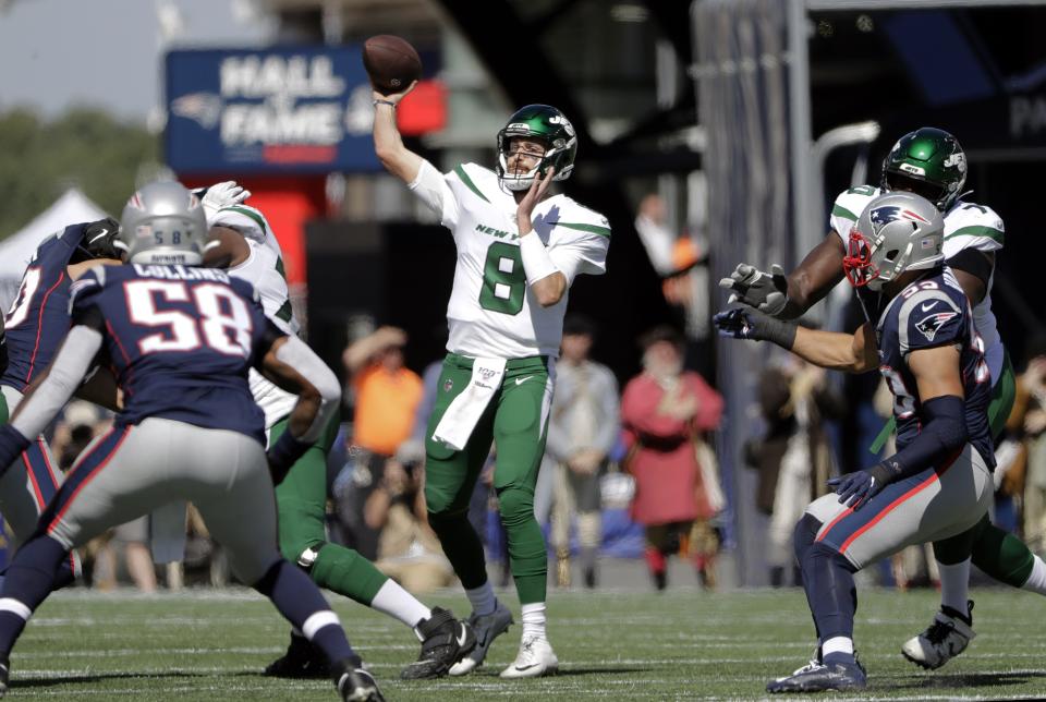 New York Jets quarterback Luke Falk (8) passes against the New England Patriots in the first half of an NFL football game, Sunday, Sept. 22, 2019, in Foxborough, Mass. (AP Photo/Steven Senne)