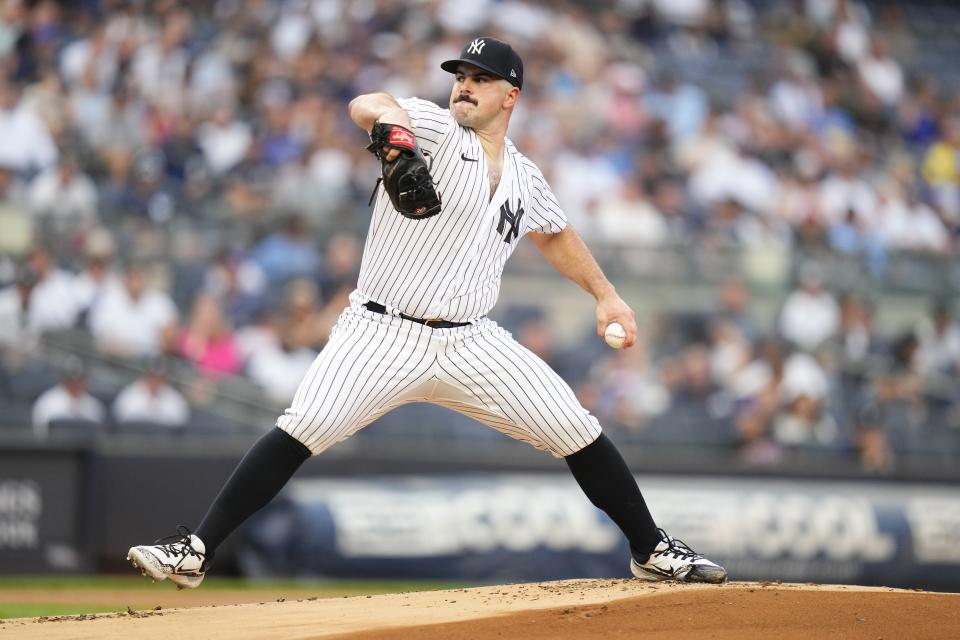 New York Yankees' Carlos Rodon pitches during the first inning of a baseball game against the Chicago Cubs, Friday, July 7, 2023, in New York. (AP Photo/Frank Franklin II)
