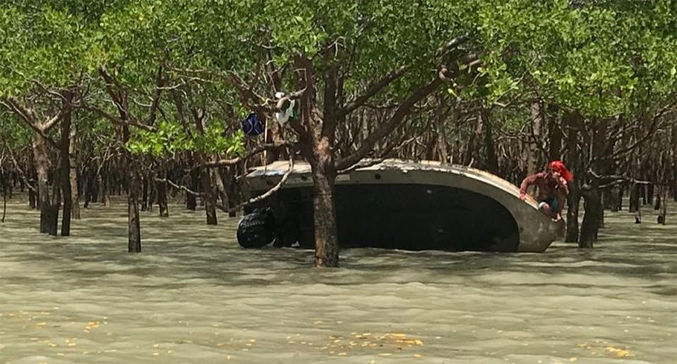 When their boat flipped, the men spent two days stranded, hanging onto trees in remote Kakadu National Park. Source: Supplied