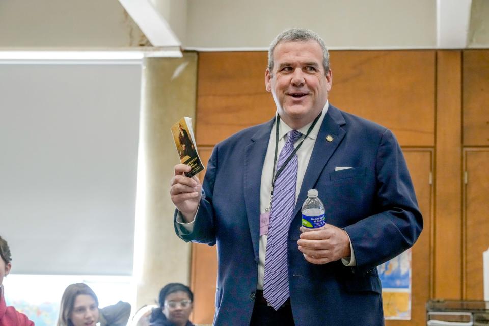 Secretary of State Gregg Amore gives Classical High students a mini history lesson.