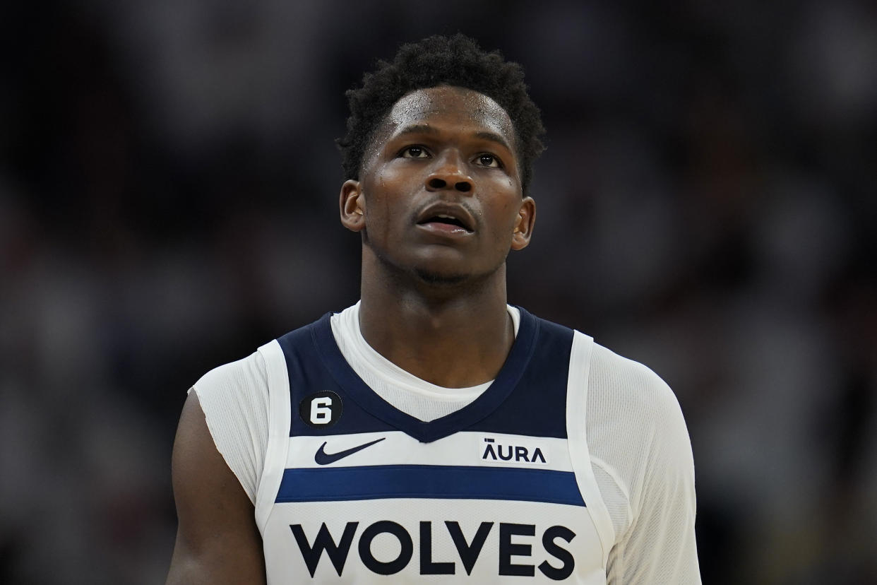Minnesota Timberwolves guard Anthony Edwards looks on during the second half of Game 3 of an NBA basketball first-round playoff series against the Denver Nuggets, Friday, April 21, 2023, in Minneapolis. (AP Photo/Abbie Parr)