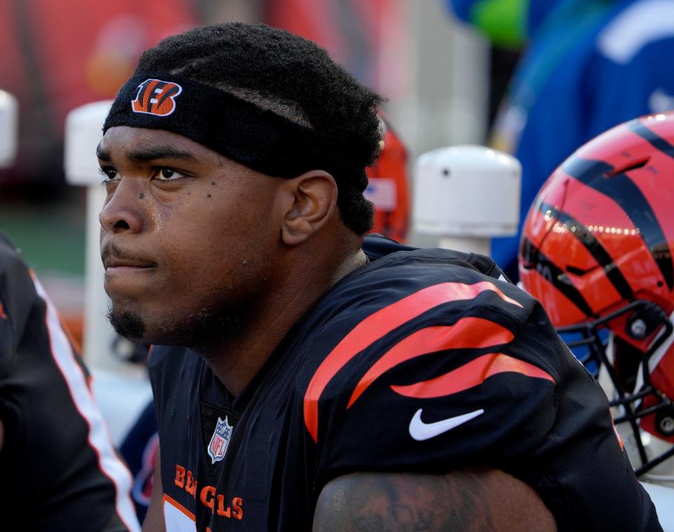 Cincinnati Bengals offensive tackle Orlando Brown Jr. (75) during a break against the Houston Texans at Paycor Stadium Sunday, November 12, 2023.