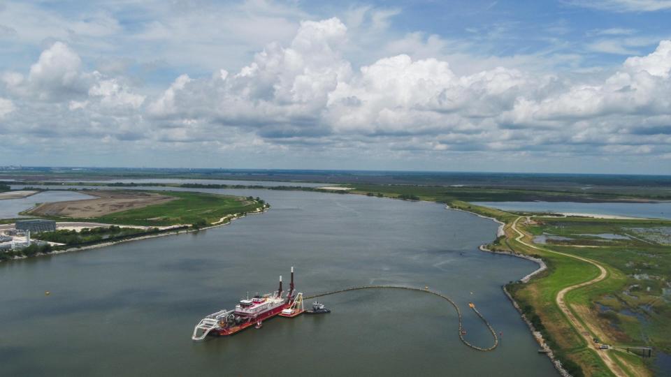 The dredge Chatry works to deepen the Savannah River. Inner harbor deepening at the Port of Savannah is slated for completion in 2022. The inner harbor deepening is the final portion of the Savannah Harbor Expansion Project.