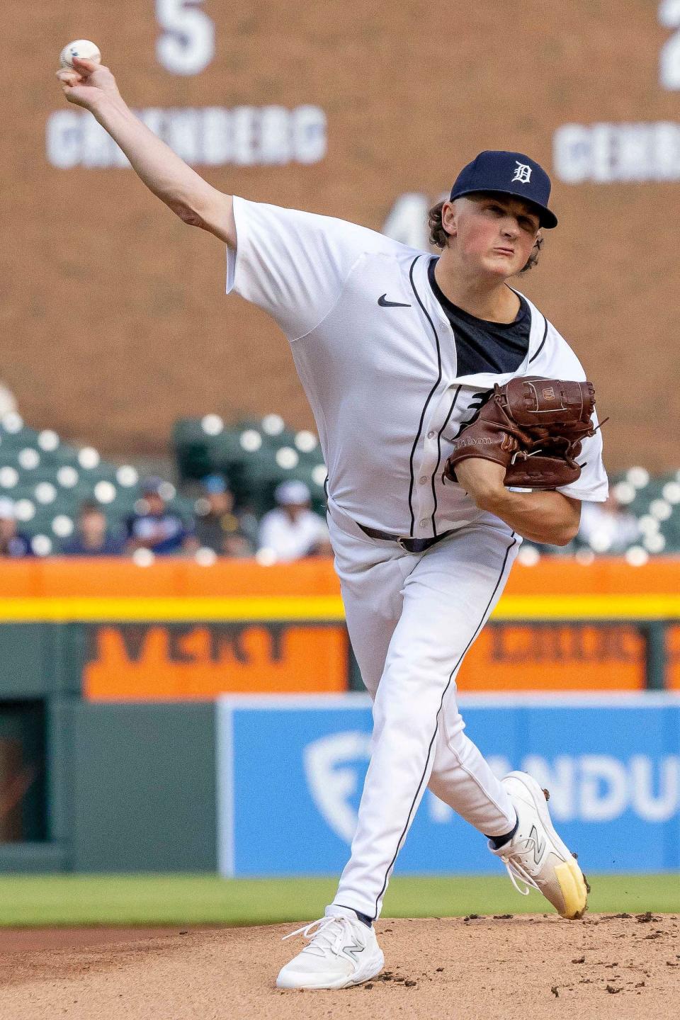 Tigers pitcher Reese Olson pitches in the first inning against the Marlins on Tuesday, May 14, 2024, at Comerica Park.