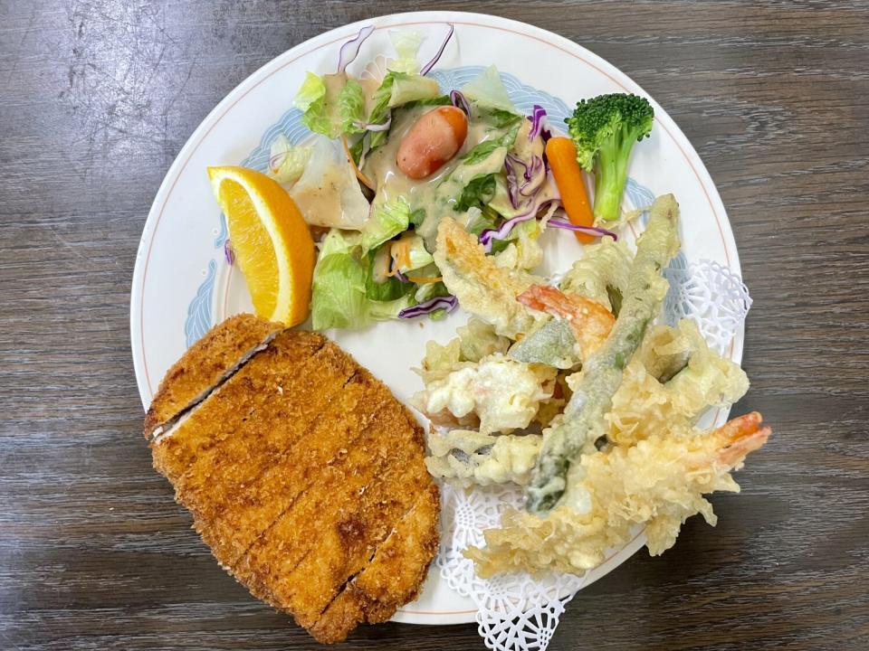 Pork katsu and tempura combination plate from Otomisan in Boyle Heights.