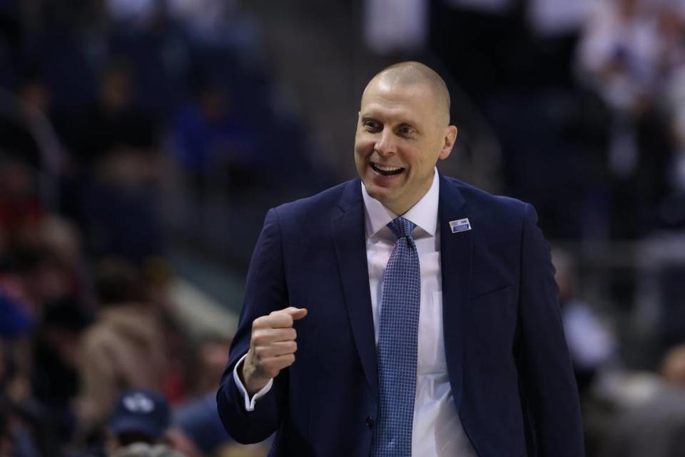 Brigham Young head coach Mark Pope reacts to a play against Houston on Jan 23 in Provo, Utah.