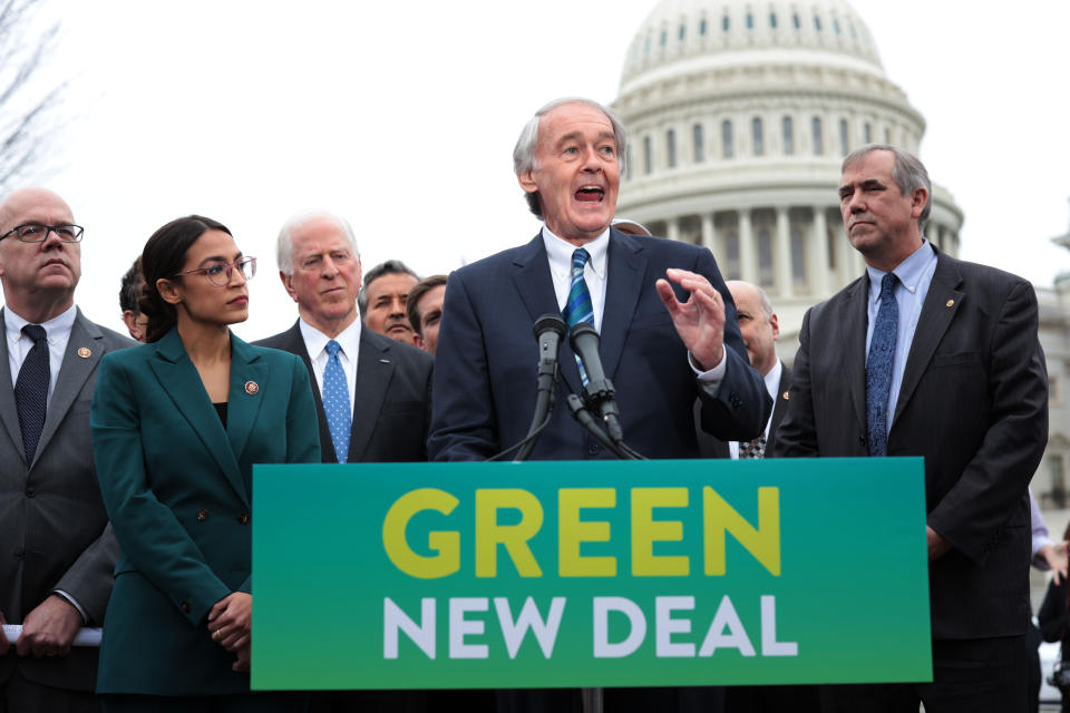 Sen. Ed Markey (D-Mass.) unveils the Green New Deal resolution alongside Rep. Alexandria Ocasio-Cortez (D-N.Y.) in Feb. 2019. (Photo: Alex Wong/Getty Images)