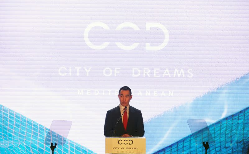 Lawrence Ho, CEO and Chairman of Melco Resorts and Entertainment, speaks during a press conference at the City of Dreams Mediterranean, outside Limassol