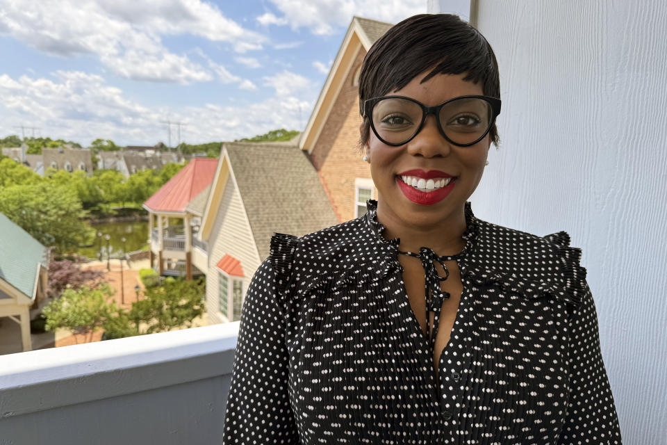 Democratic congressional candidate Briana Sewell poses for a picture, Wednesday, May 29, 2024, in Woodbridge, Va. (AP Photo/Matthew Barakat)