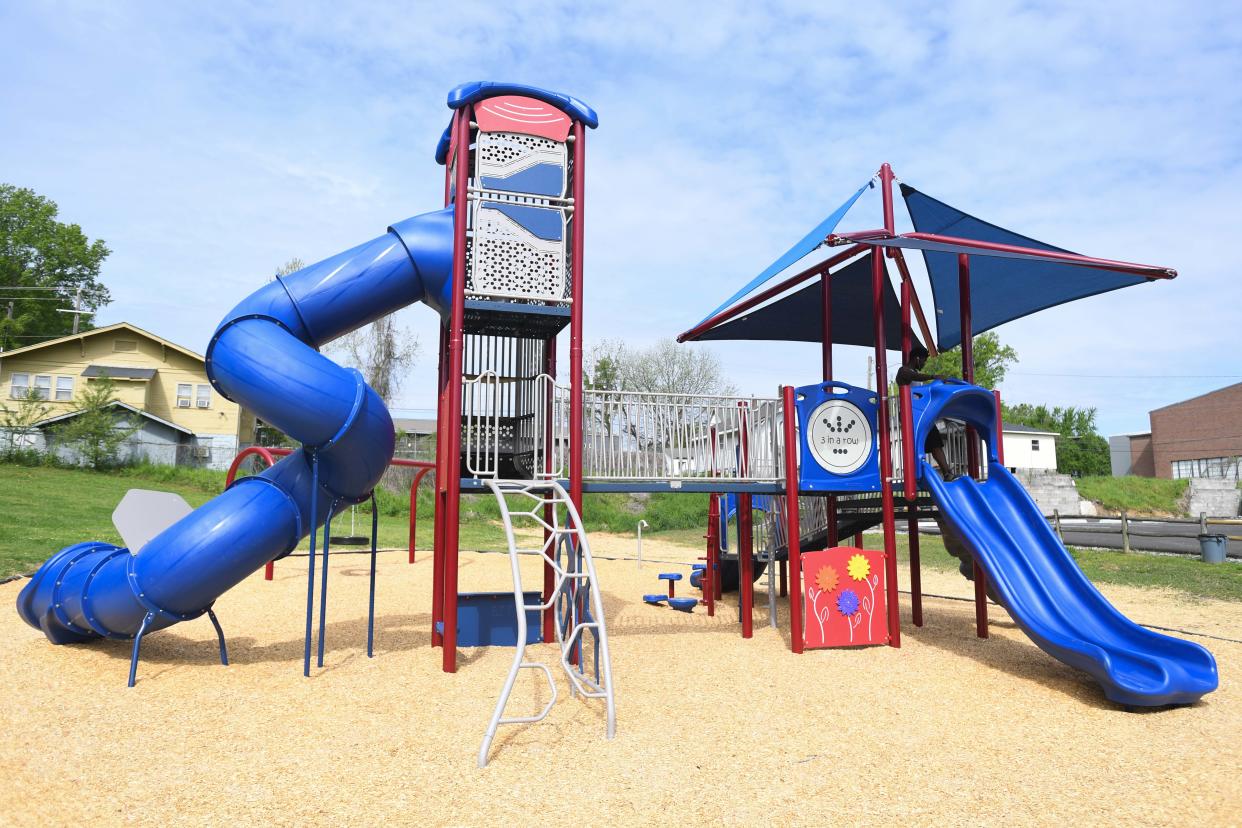 The newly built playground in Paradise Park photographed in Jackson, Tenn., on Monday, April 15, 2024. Paradise Park is one of three parks in the city to recieve new playgrounds.