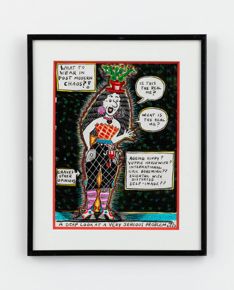 Aline Kominsky-Crumb, "What to wear in the Post Modern Chaos? A Deep Look at a very serious Problem," 2007, ink, glitter, graphite, and acrylic on paper (Photo: David Zwirner)