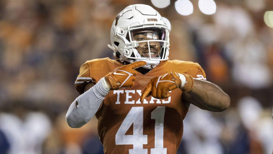 Texas linebacker Jaylan Ford looks for a signal from the sideline as he competes against UTSA Saturday, Sept. 17, 2022, in Austin, Texas. | Stephen Spillman, Associated Press