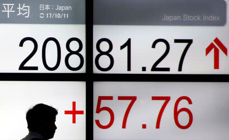 A man walks past an electronic board showing Japan's Nikkei average outside a brokerage in Tokyo, Japan October 11, 2017. REUTERS/Toru Hanai