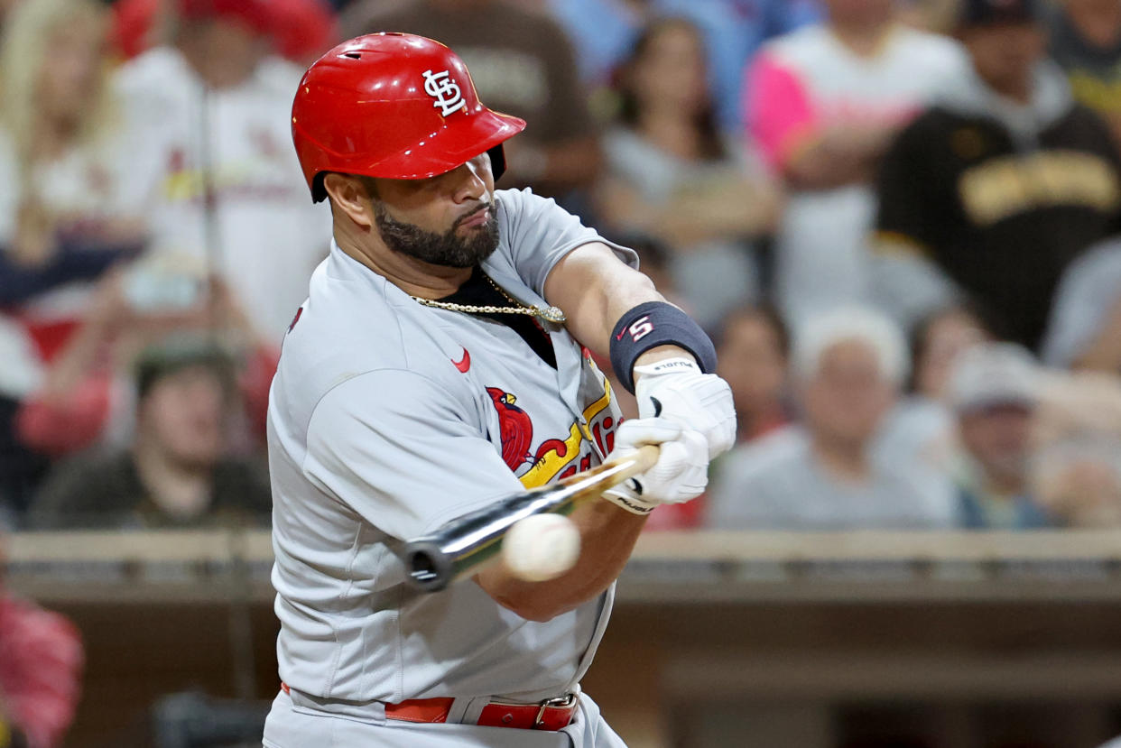 SAN DIEGO, CA - SEPTEMBER 21:  St. Louis Cardinals designated hitter Albert Pujols (5) hits a single in the seventh inning against the San Diego Padres on September 21, 2022, at Petco Park in San Diego, CA. (Photo by Kiyoshi Mio/Icon Sportswire via Getty Images)