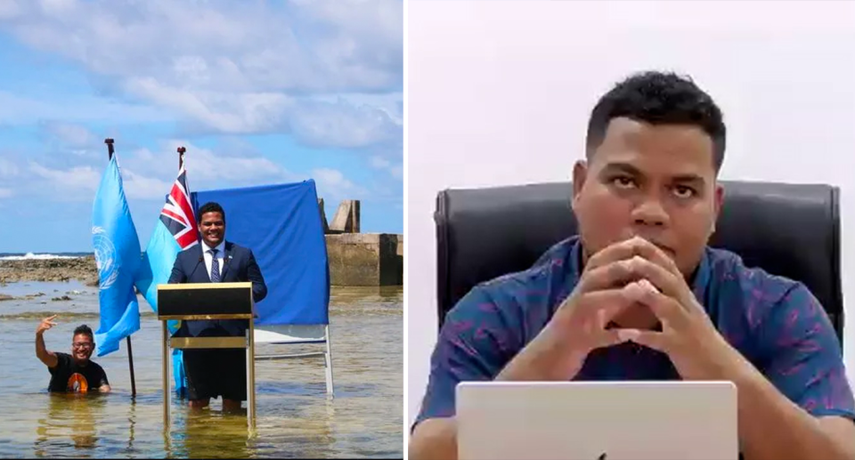 Left - Kofe standing in water addressing leaders at COP26. Right - Kofe speaking to Yahoo.