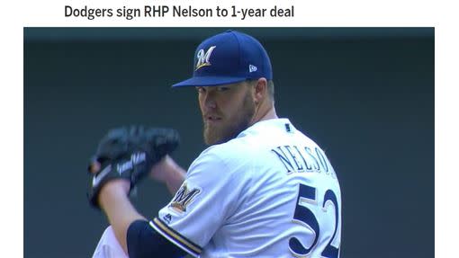 道奇1年約簽下前釀酒人投手尼爾森（Jimmy Nelson）。（圖／翻攝自MLB官網）