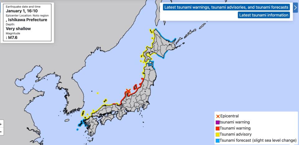 a map shows areas that are under tsunami warning in Japan on January 1.