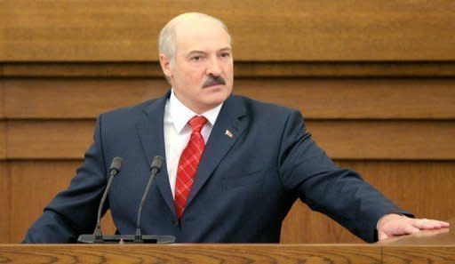 Authoritarian Belarus President Alexander Lukashenko speaks to lawmakers during his annual state of the nation address in April. Belarus is facing an international outcry after jailing Lukashenko's main rival for five years in a process denounced by the opposition as a political show trial