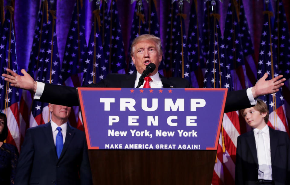 Republican president-elect Donald Trump delivers his acceptance speech during his election night event at the New York Hilton Midtown in New York, on Nov. 9.&nbsp;