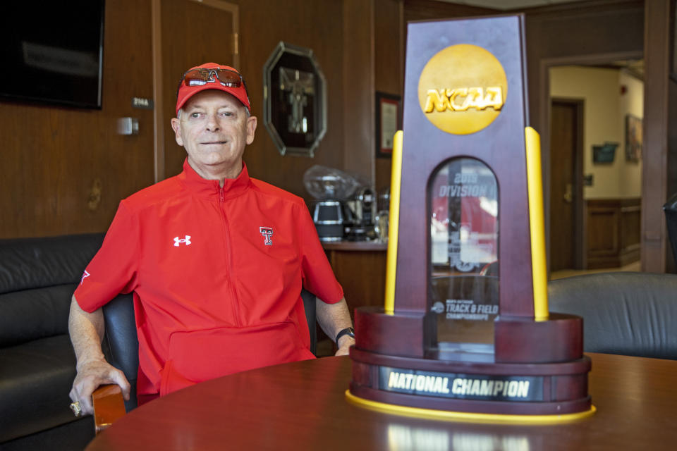 Texas Tech track and field coach Wes Kittley in his office Saturday, Sept. 24, 2022, in Lubbock, Texas. His son Zach Kittley is the offensive coordinator for Texas Tech football. Texas Tech offensive coordinator Zach Kittley is the son of the longtime Texas Tech track coach and NCAA championship winner Wes Kittley. The younger Kittley was always consumed by football growing up. (AP Photo/Brad Tollefson)