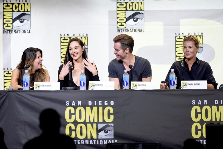 (L-R) Director Patty Jenkins, actors Gal Gadot, Chris Pine and Connie Nielsen attend the Warner Bros. presentation during Comic-Con, on July 23, 2016 in San Diego, California