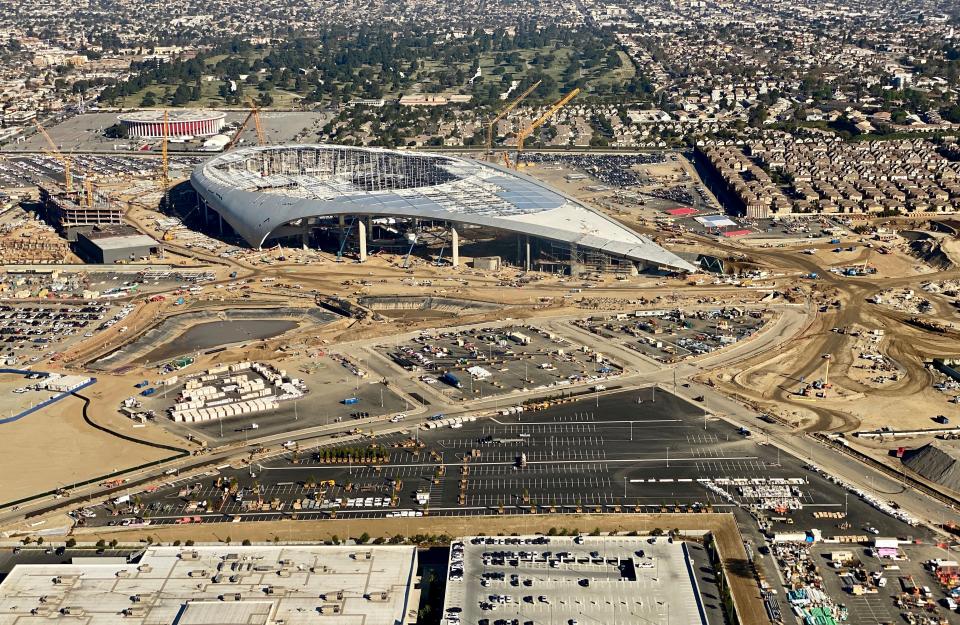 Aerial view of the SoFi Stadium, still under construction, future home of the Rams and Chargers in Inglewood, California on February 6, 2020. (Photo by Daniel Slim / AFP)