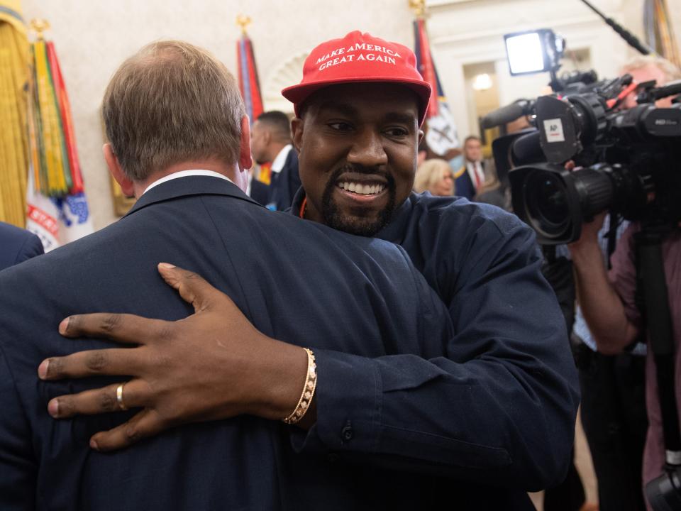 Kanye West at the White House in 2018 wearing make america great again hat