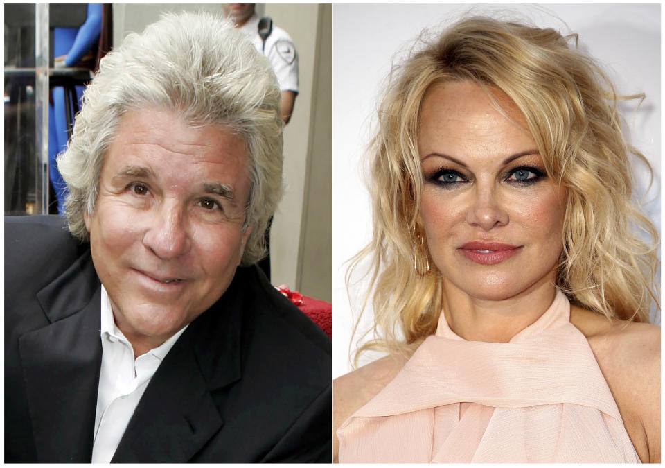 This combination photo shows Hollywood producer Jon Peters at a ceremony honoring him with a star on the Hollywood Walk of Fame in Los Angeles on May 1, 2007, left, and model-actress Pamela Anderson at the amfAR, Cinema Against AIDS, benefit  in Cap d'Antibes, southern France, on May 23, 2019. A representative for Anderson said the couple married in a private ceremony in Malibu, California on Monday, Jan.20, 2020. It's the fifth marriage for both the 52-year-old model-actress and the 74-year-old film producer, who first dated more than 30 years ago and recently reunited. (AP Photo)