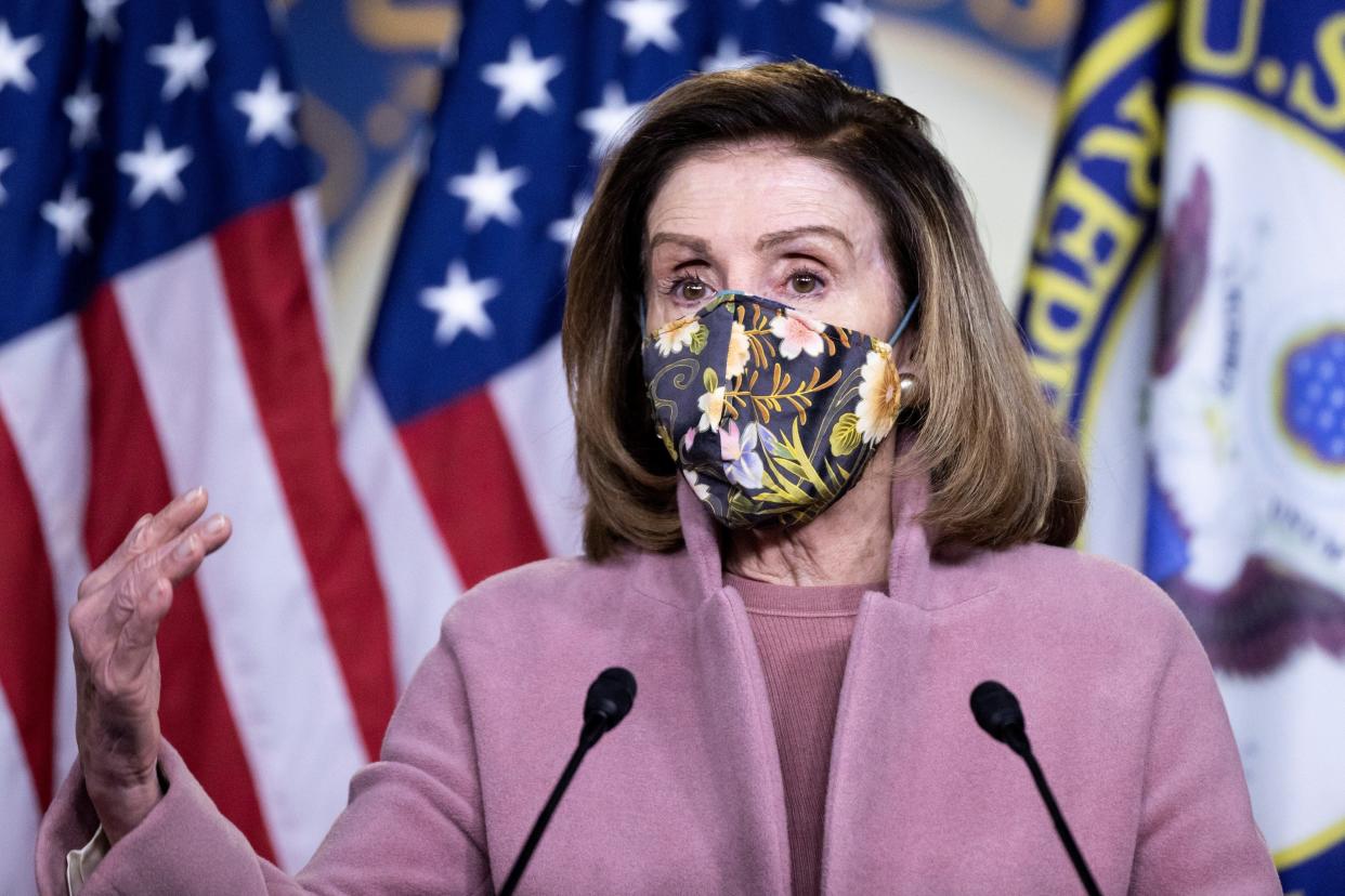 Speaker of the House Nancy Pelosi speaks during a press conference on Jan. 21, 2021. 