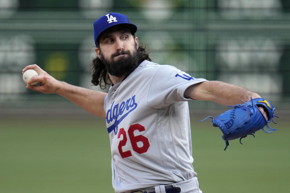 Los Angeles Dodgers starting pitcher Tony Gonsolin delivers during the first inning of his major league debut during a baseball game against the Pittsburgh Pirates in Pittsburgh, Wednesday, April 26, 2023. (AP Photo/Gene J. Puskar)