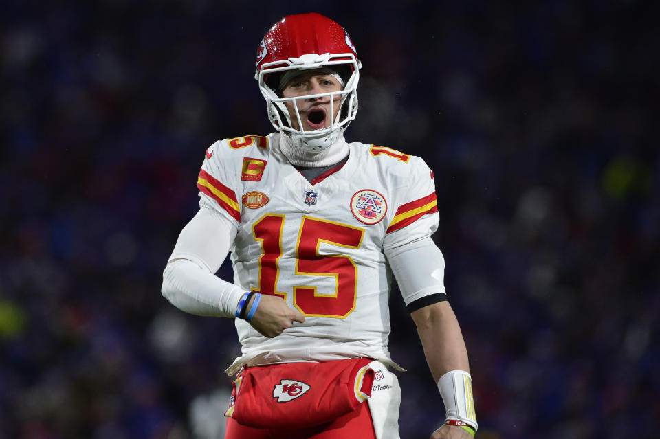 FILE - Kansas City Chiefs quarterback Patrick Mahomes (15) reacts during the second half of an NFL AFC division playoff football game against the Buffalo Bills in Orchard Park, N.Y., Sunday, Jan. 21, 2024. Mahomes will start for the Chiefs against the Baltimore Ravens in the AFC championship game Sunday, Jan. 28. (AP Photo/Adrian Kraus, File)
