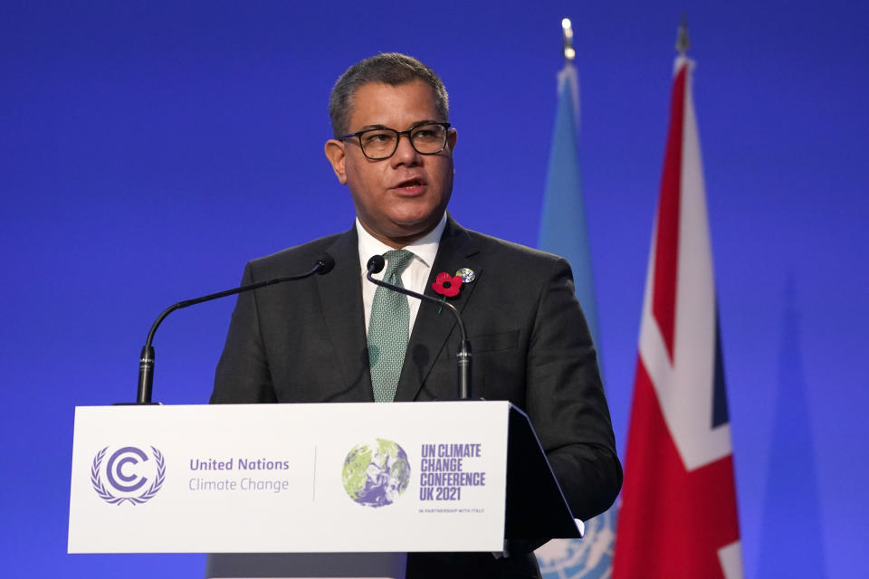 Alok Sharma President of the COP26 summit speaks during the Procedural Opening of the COP26 U.N. Climate Summit in Glasgow, Scotland, Sunday, Oct. 31, 2021. The U.N. climate summit in Glasgow formally opens Sunday, a day before leaders from around the world gather in Scotland's biggest city to lay out their vision for addressing the common challenge of global warming. (AP Photo/Alberto Pezzali, Pool)