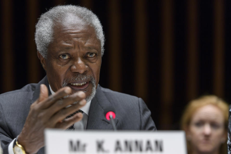 FILE - In this Wednesday, April 19, 2017 file photo Kofi Annan, former United Nations Secretary General speaks during the Global partners meeting on neglected tropical diseases, (NTDs), at the World Health Organization headquarters in Geneva, Switzerland. Annan, one of the world's most celebrated diplomats and a charismatic symbol of the United Nations who rose through its ranks to become the first black African secretary-general, has died. He was 80. (Martial Trezzini, Keystone via AP, File)